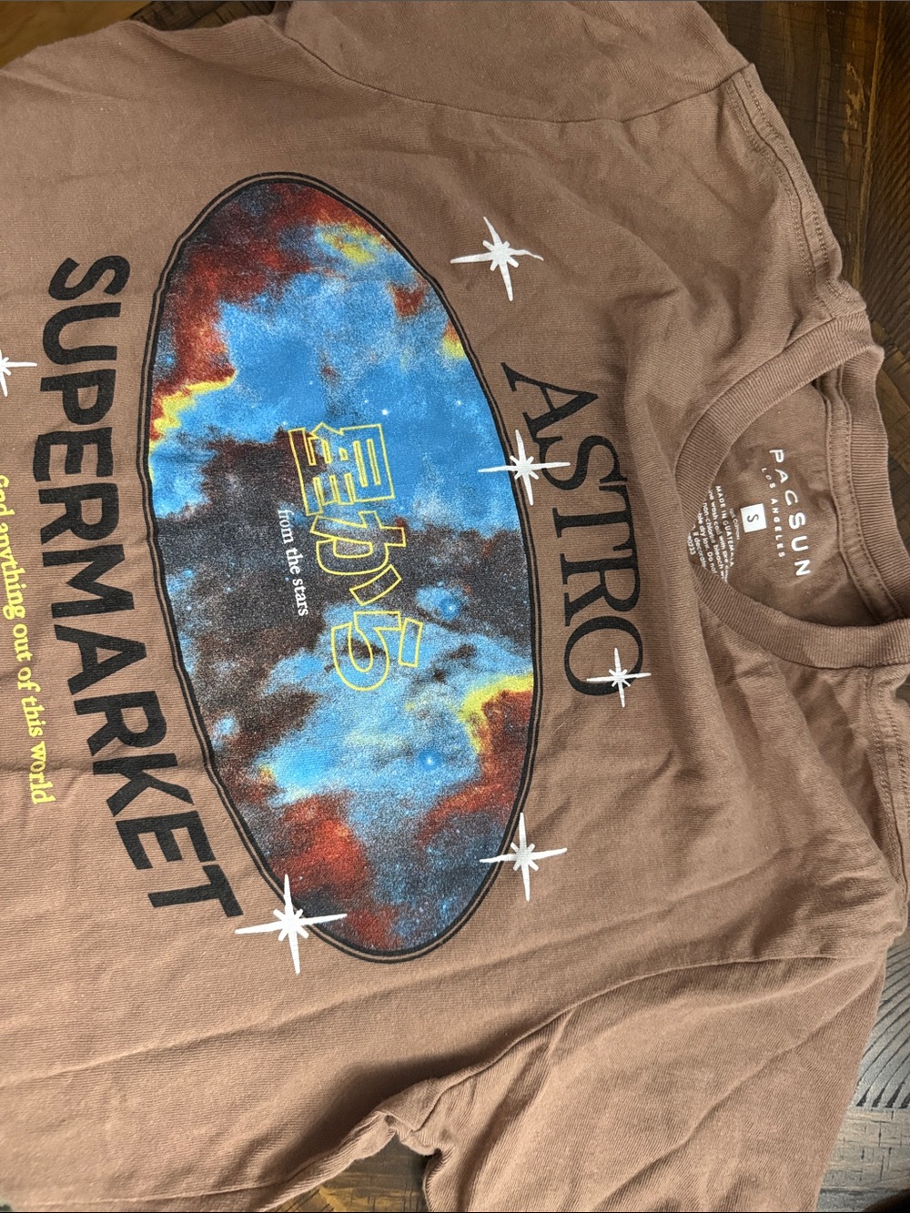 PacSun Brown Graphic Tee with Blue and Orange Galaxy Oval